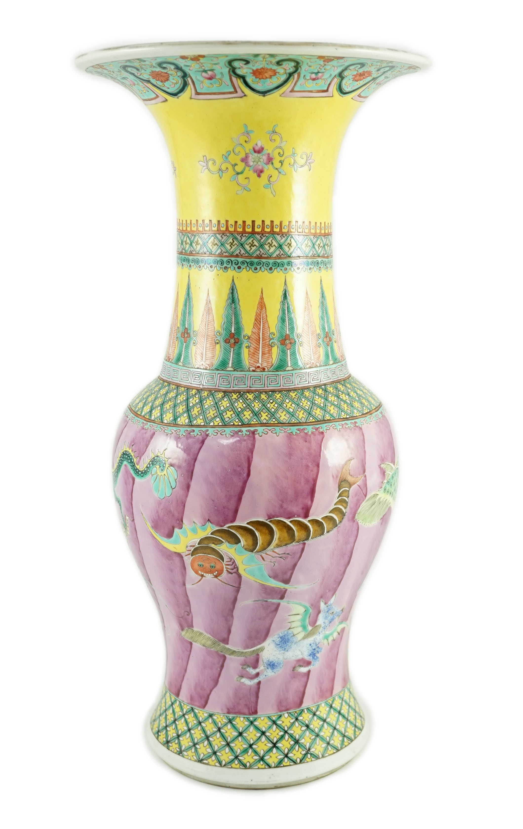 A Chinese famille rose fencai ‘mythical sea creatures’ yen-yen vase, late 19th century, 45.2cm high